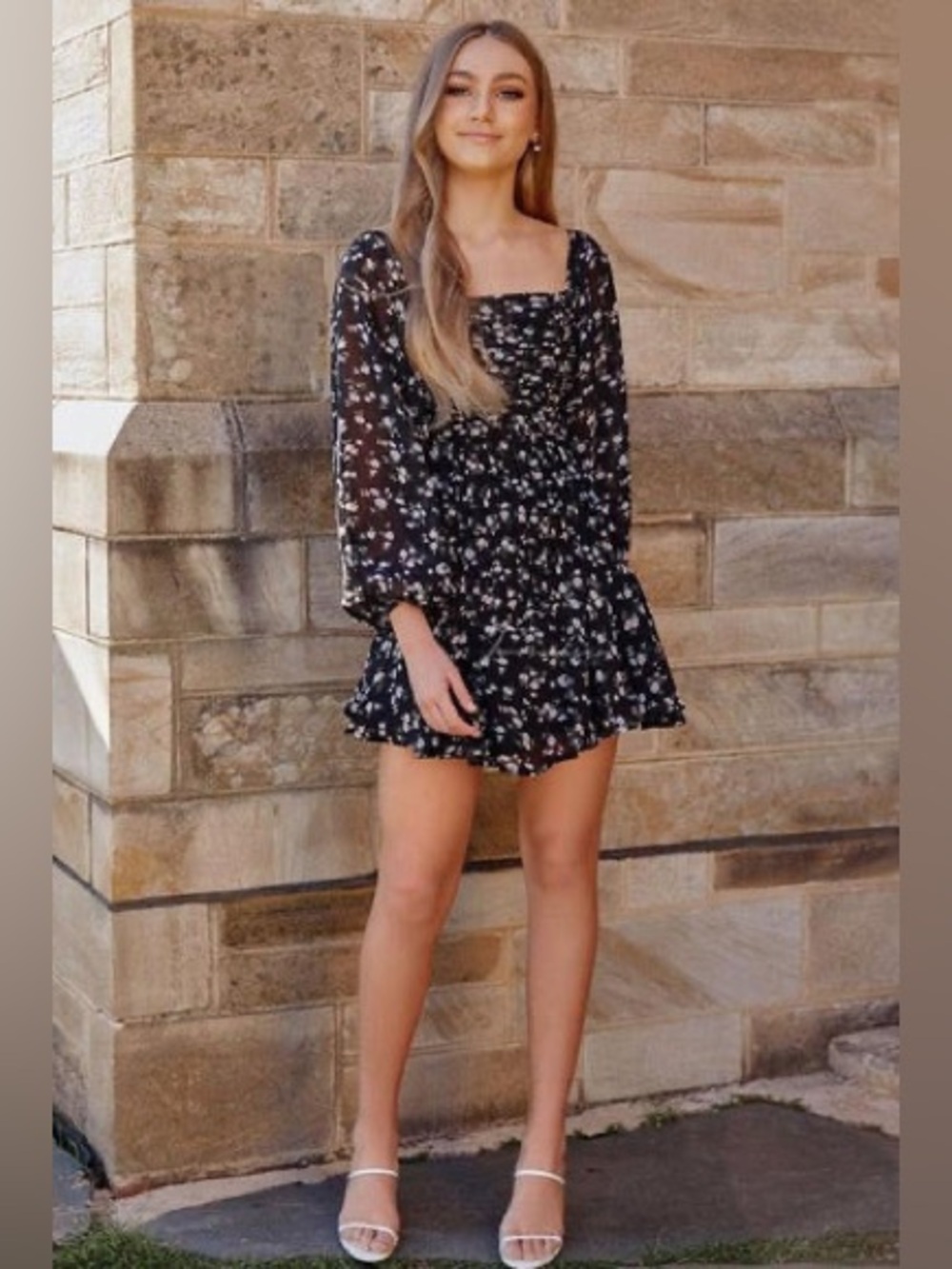 Black Floral Pleated Mini Dress Square Neck Blouson Sleeves NWT - Size 10 XL